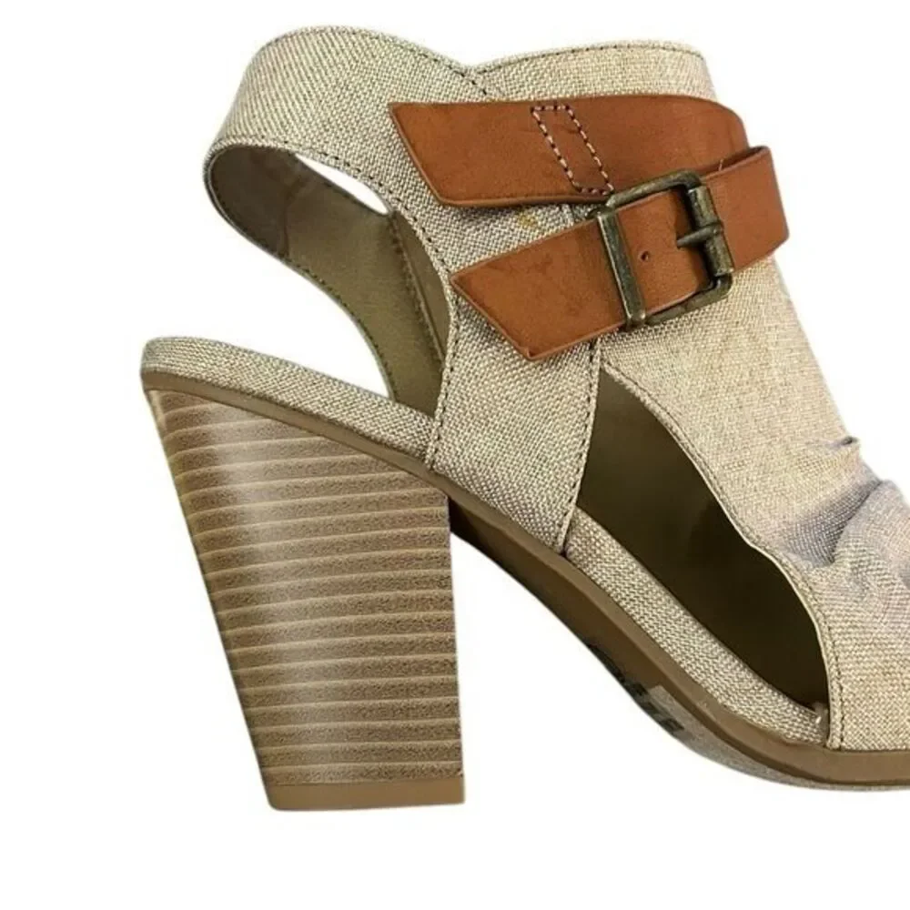 Soda Shoes Womens 7.5 Peep Toe Buckle Booties Linen Tan Stacked Heel Coastal New